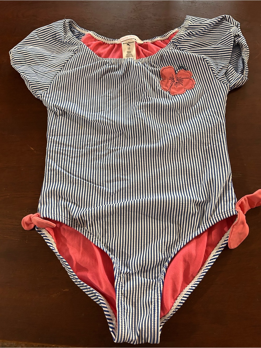 Kids One-Piece Swim Suit - Navy Stripe with Coral Accents